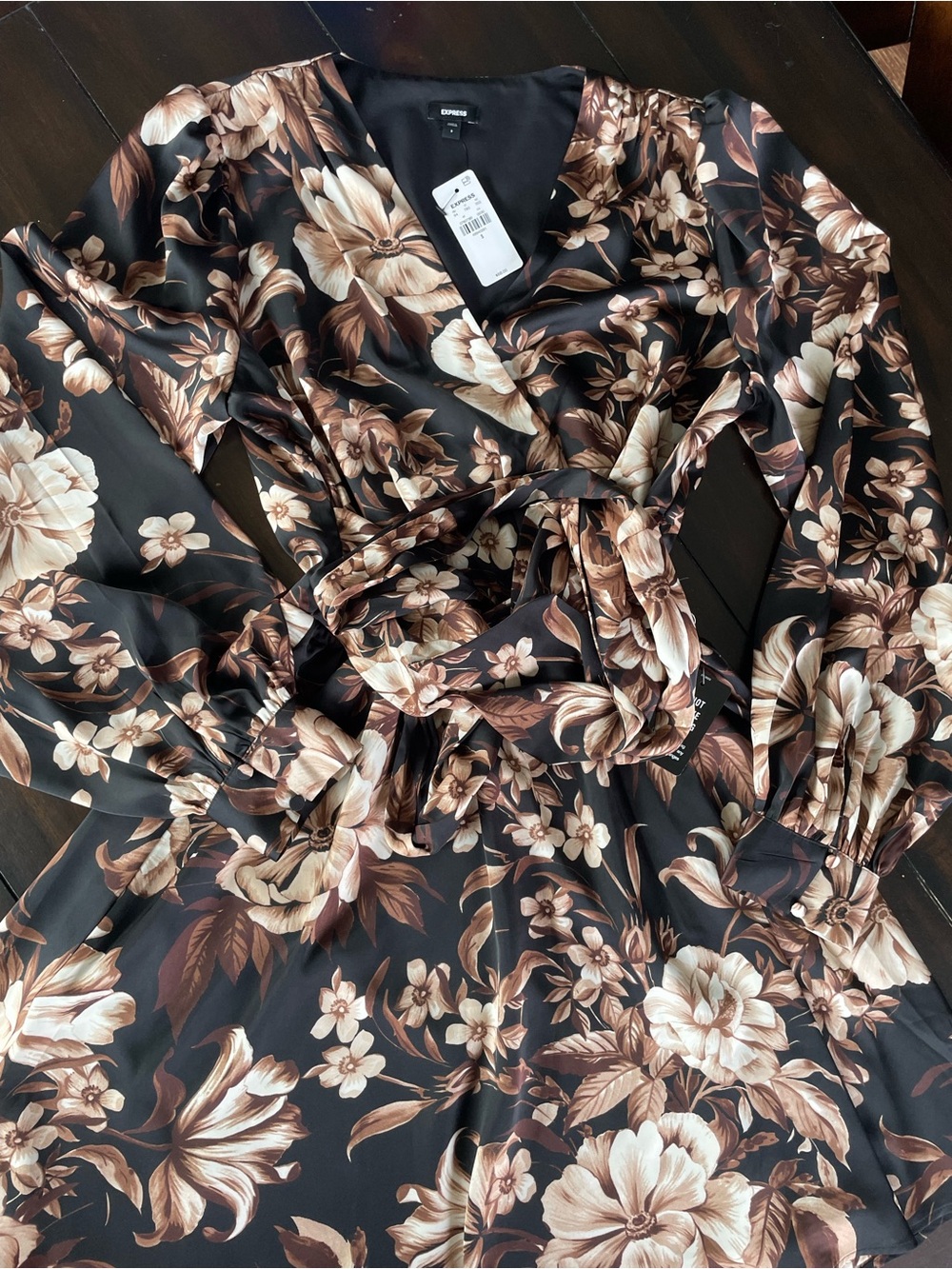 Express Black Floral Long-Sleeve Wrap Dress